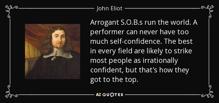 Arrogant S.O.B.s run the world. A performer can never have too much self-confidence. The best in every field are likely to strike most people as irrationally confident, but that's how they got to the top. - John Eliot