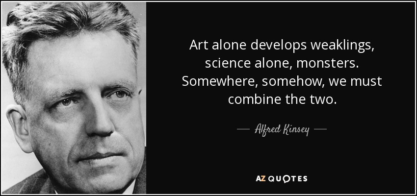 Art alone develops weaklings, science alone, monsters. Somewhere, somehow, we must combine the two. - Alfred Kinsey