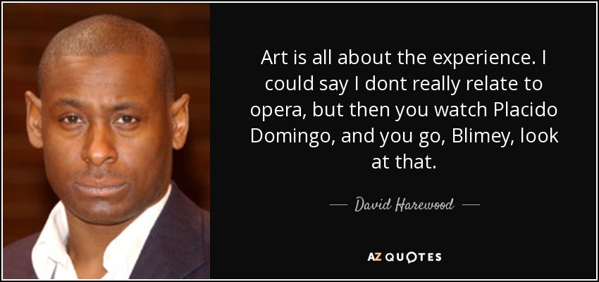 Art is all about the experience. I could say I dont really relate to opera, but then you watch Placido Domingo, and you go, Blimey, look at that. - David Harewood