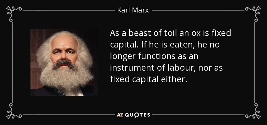 As a beast of toil an ox is fixed capital. If he is eaten, he no longer functions as an instrument of labour, nor as fixed capital either. - Karl Marx