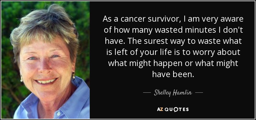As a cancer survivor, I am very aware of how many wasted minutes I don't have. The surest way to waste what is left of your life is to worry about what might happen or what might have been. - Shelley Hamlin