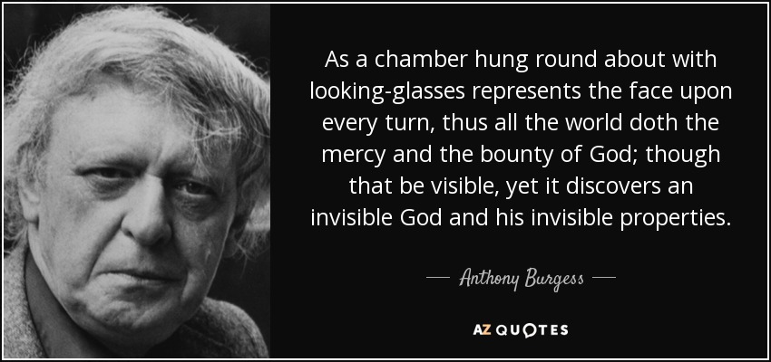 As a chamber hung round about with looking-glasses represents the face upon every turn, thus all the world doth the mercy and the bounty of God; though that be visible, yet it discovers an invisible God and his invisible properties. - Anthony Burgess