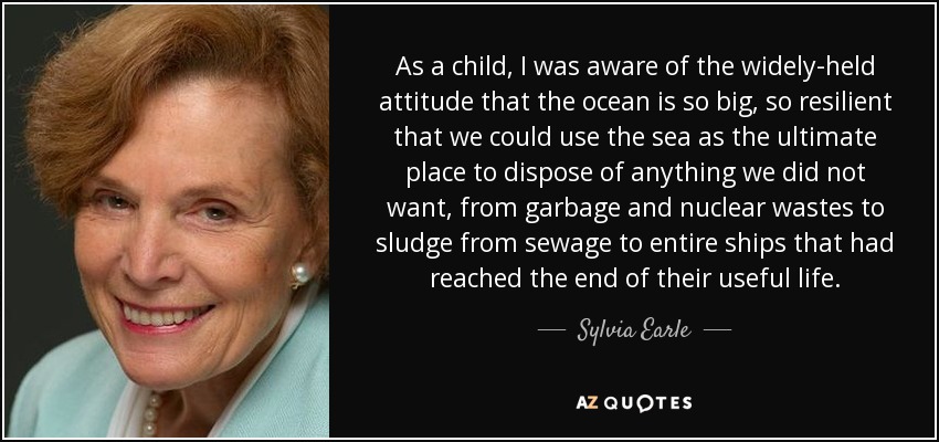 As a child, I was aware of the widely-held attitude that the ocean is so big, so resilient that we could use the sea as the ultimate place to dispose of anything we did not want, from garbage and nuclear wastes to sludge from sewage to entire ships that had reached the end of their useful life. - Sylvia Earle