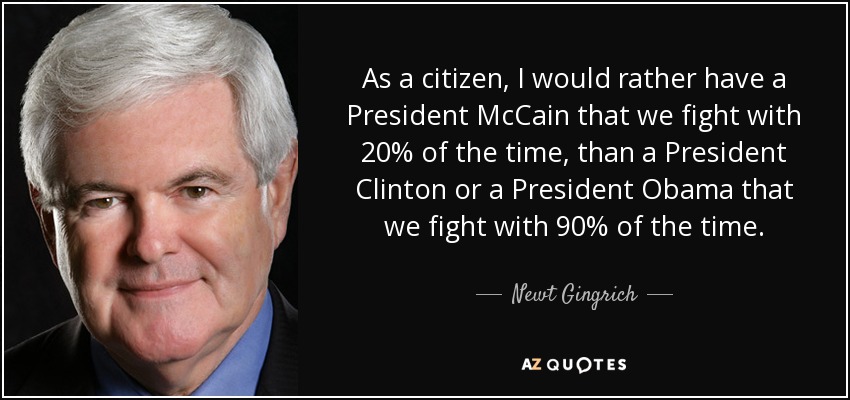 As a citizen, I would rather have a President McCain that we fight with 20% of the time, than a President Clinton or a President Obama that we fight with 90% of the time. - Newt Gingrich