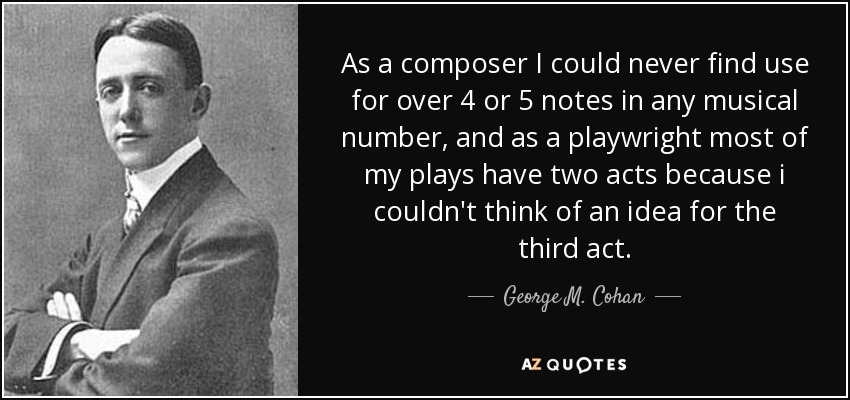 As a composer I could never find use for over 4 or 5 notes in any musical number, and as a playwright most of my plays have two acts because i couldn't think of an idea for the third act. - George M. Cohan