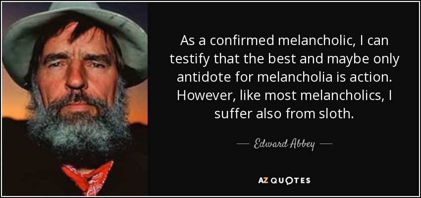 As a confirmed melancholic, I can testify that the best and maybe only antidote for melancholia is action. However, like most melancholics, I suffer also from sloth. - Edward Abbey