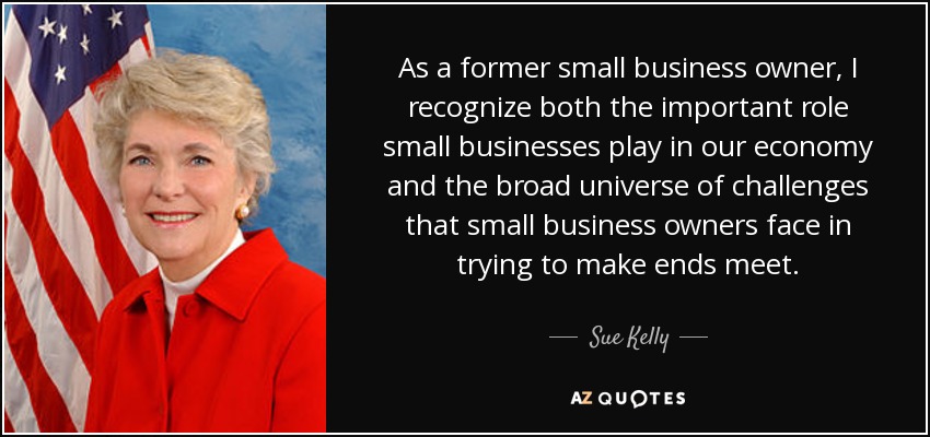 As a former small business owner, I recognize both the important role small businesses play in our economy and the broad universe of challenges that small business owners face in trying to make ends meet. - Sue Kelly