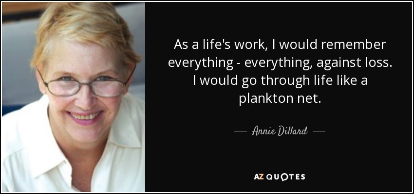 As a life's work, I would remember everything - everything, against loss. I would go through life like a plankton net. - Annie Dillard