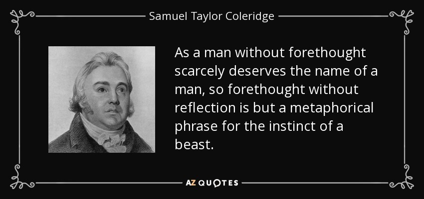 As a man without forethought scarcely deserves the name of a man, so forethought without reflection is but a metaphorical phrase for the instinct of a beast. - Samuel Taylor Coleridge