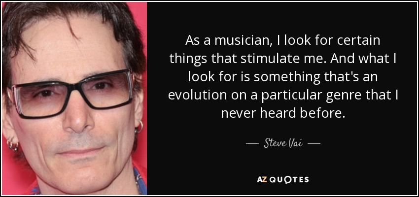 As a musician, I look for certain things that stimulate me. And what I look for is something that's an evolution on a particular genre that I never heard before. - Steve Vai