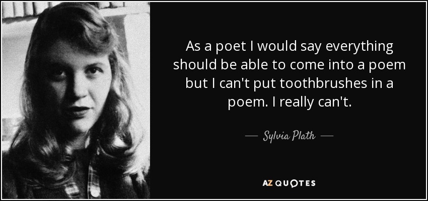As a poet I would say everything should be able to come into a poem but I can't put toothbrushes in a poem. I really can't. - Sylvia Plath