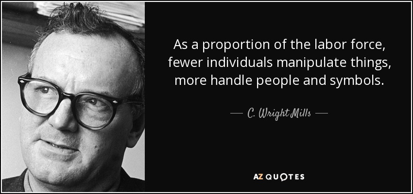As a proportion of the labor force, fewer individuals manipulate things, more handle people and symbols. - C. Wright Mills