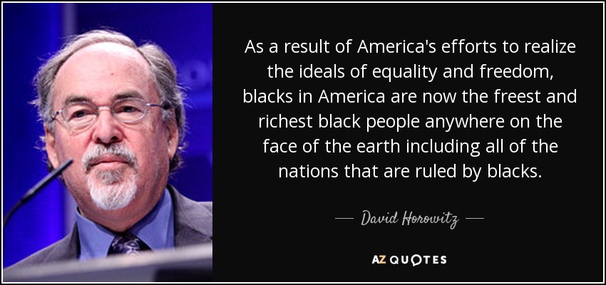 As a result of America's efforts to realize the ideals of equality and freedom, blacks in America are now the freest and richest black people anywhere on the face of the earth including all of the nations that are ruled by blacks. - David Horowitz