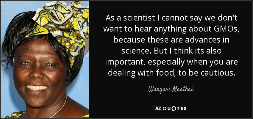 As a scientist I cannot say we don't want to hear anything about GMOs, because these are advances in science. But I think its also important, especially when you are dealing with food, to be cautious. - Wangari Maathai