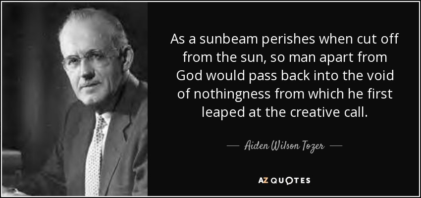 As a sunbeam perishes when cut off from the sun, so man apart from God would pass back into the void of nothingness from which he first leaped at the creative call. - Aiden Wilson Tozer