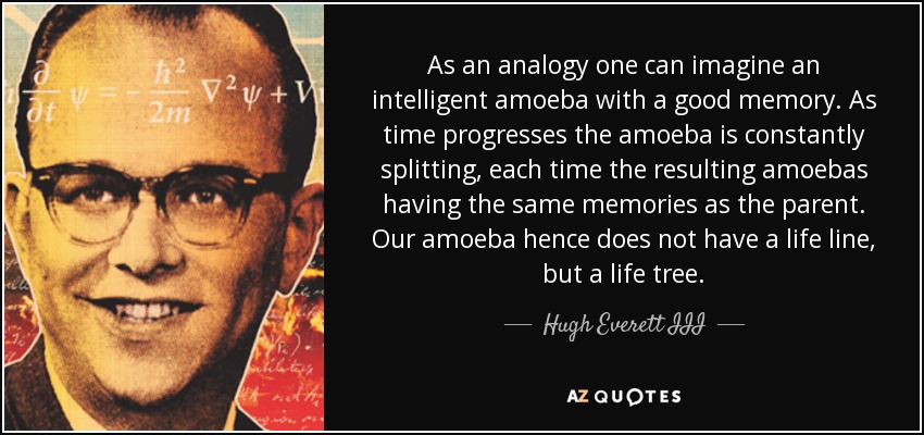As an analogy one can imagine an intelligent amoeba with a good memory. As time progresses the amoeba is constantly splitting, each time the resulting amoebas having the same memories as the parent. Our amoeba hence does not have a life line, but a life tree. - Hugh Everett III