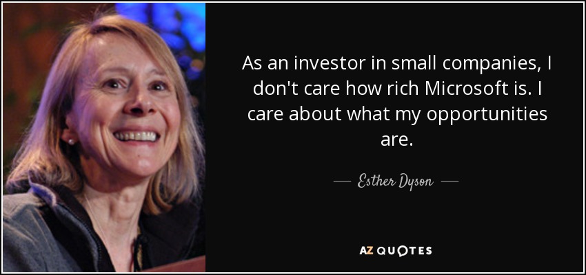 As an investor in small companies, I don't care how rich Microsoft is. I care about what my opportunities are. - Esther Dyson