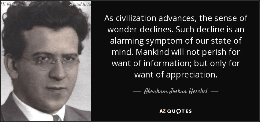 As civilization advances, the sense of wonder declines. Such decline is an alarming symptom of our state of mind. Mankind will not perish for want of information; but only for want of appreciation. - Abraham Joshua Heschel