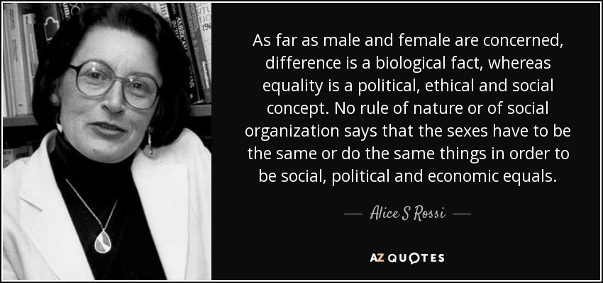 As far as male and female are concerned, difference is a biological fact, whereas equality is a political, ethical and social concept. No rule of nature or of social organization says that the sexes have to be the same or do the same things in order to be social, political and economic equals. - Alice S Rossi