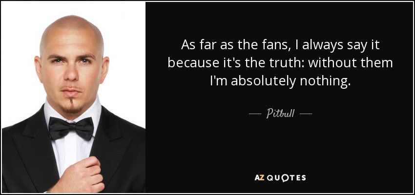 As far as the fans, I always say it because it's the truth: without them I'm absolutely nothing. - Pitbull