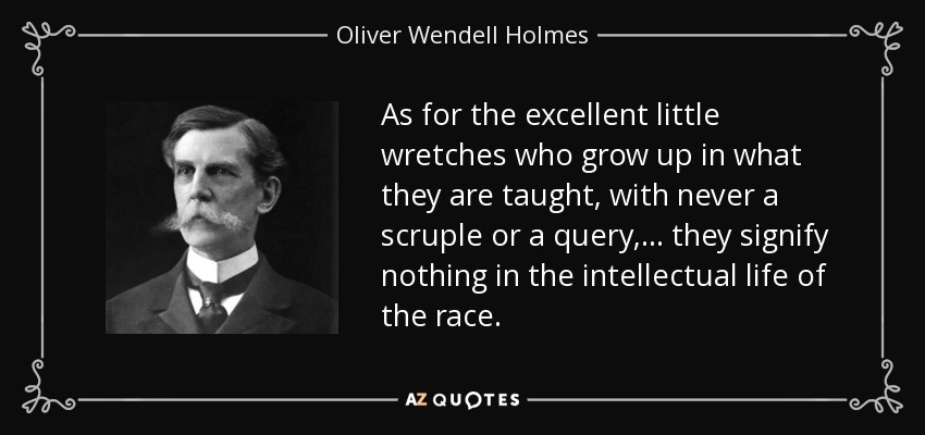 As for the excellent little wretches who grow up in what they are taught, with never a scruple or a query, ... they signify nothing in the intellectual life of the race. - Oliver Wendell Holmes, Jr.
