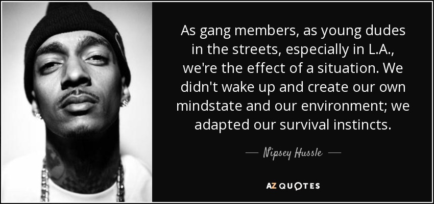 As gang members, as young dudes in the streets, especially in L.A., we're the effect of a situation. We didn't wake up and create our own mindstate and our environment; we adapted our survival instincts. - Nipsey Hussle