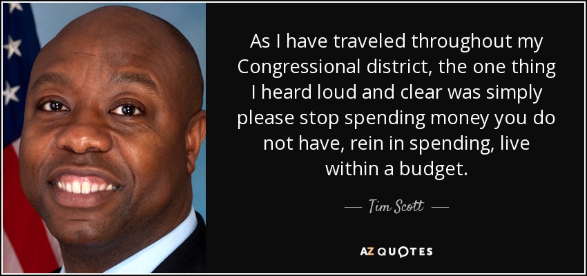 As I have traveled throughout my Congressional district, the one thing I heard loud and clear was simply please stop spending money you do not have, rein in spending, live within a budget. - Tim Scott