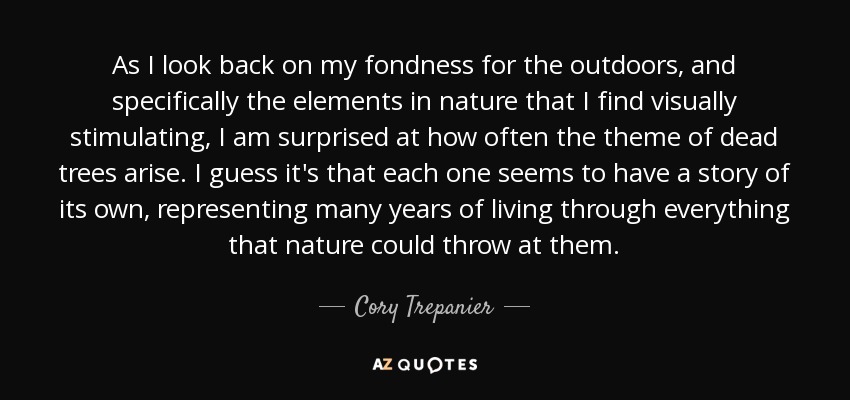 As I look back on my fondness for the outdoors, and specifically the elements in nature that I find visually stimulating, I am surprised at how often the theme of dead trees arise. I guess it's that each one seems to have a story of its own, representing many years of living through everything that nature could throw at them. - Cory Trepanier