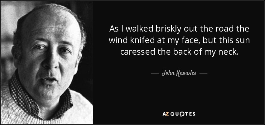 As I walked briskly out the road the wind knifed at my face, but this sun caressed the back of my neck. - John Knowles