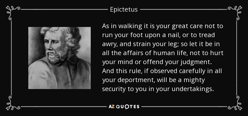 As in walking it is your great care not to run your foot upon a nail, or to tread awry, and strain your leg; so let it be in all the affairs of human life, not to hurt your mind or offend your judgment. And this rule, if observed carefully in all your deportment, will be a mighty security to you in your undertakings. - Epictetus