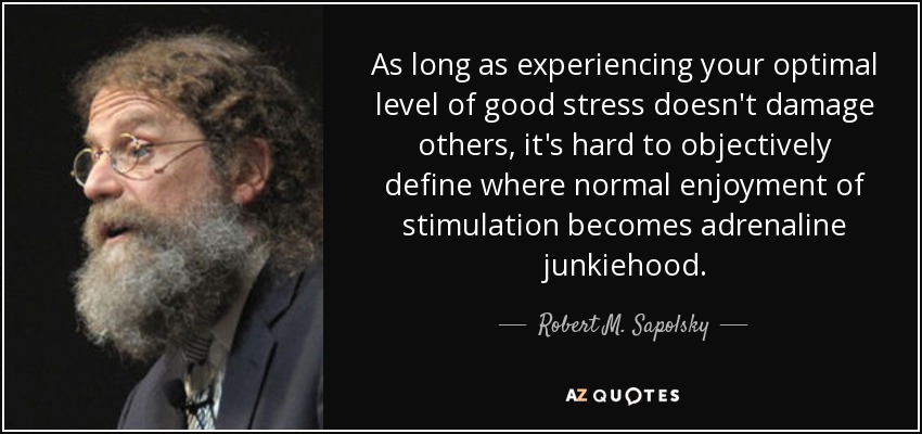 As long as experiencing your optimal level of good stress doesn't damage others, it's hard to objectively define where normal enjoyment of stimulation becomes adrenaline junkiehood. - Robert M. Sapolsky