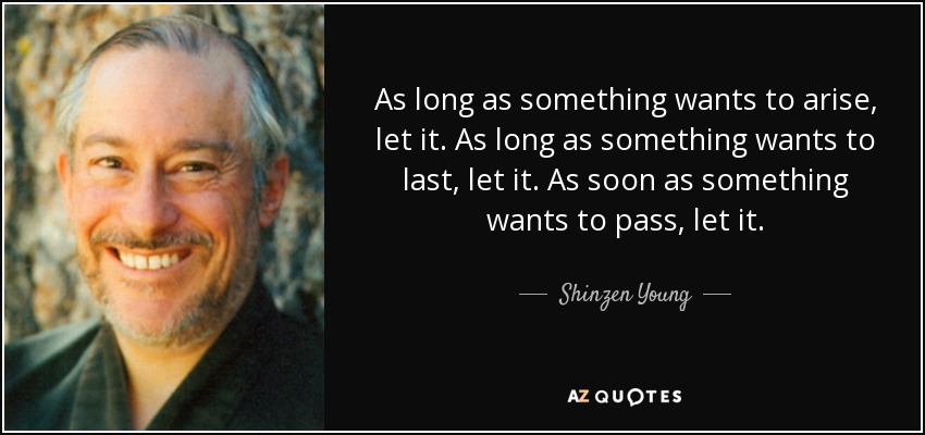 As long as something wants to arise, let it. As long as something wants to last, let it. As soon as something wants to pass, let it. - Shinzen Young