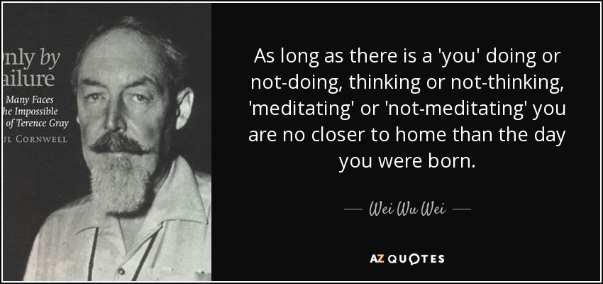 As long as there is a 'you' doing or not-doing, thinking or not-thinking, 'meditating' or 'not-meditating' you are no closer to home than the day you were born. - Wei Wu Wei