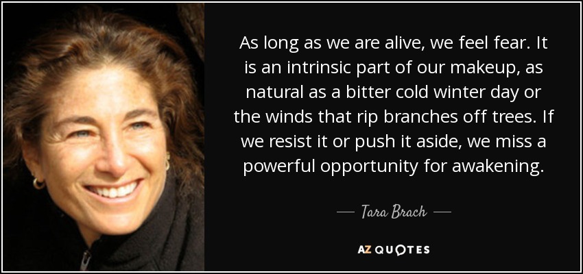 As long as we are alive, we feel fear. It is an intrinsic part of our makeup, as natural as a bitter cold winter day or the winds that rip branches off trees. If we resist it or push it aside, we miss a powerful opportunity for awakening. - Tara Brach