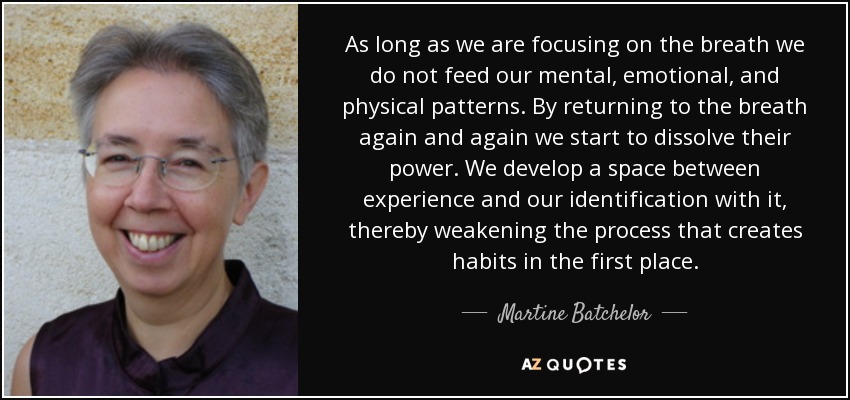 As long as we are focusing on the breath we do not feed our mental, emotional, and physical patterns. By returning to the breath again and again we start to dissolve their power. We develop a space between experience and our identification with it, thereby weakening the process that creates habits in the first place. - Martine Batchelor