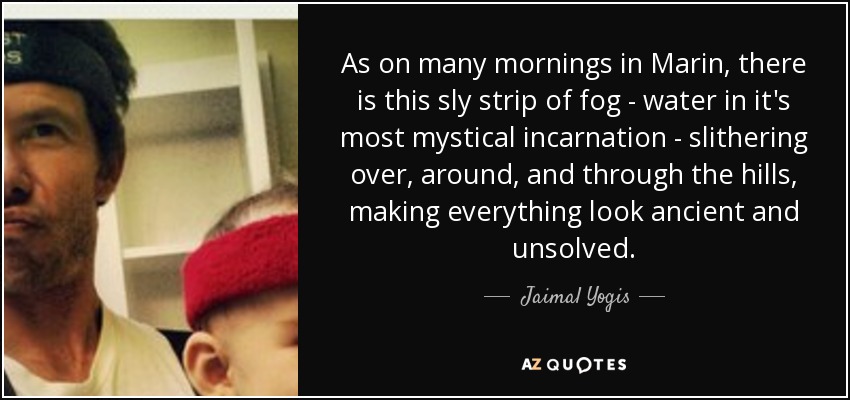 As on many mornings in Marin, there is this sly strip of fog - water in it's most mystical incarnation - slithering over, around, and through the hills, making everything look ancient and unsolved. - Jaimal Yogis