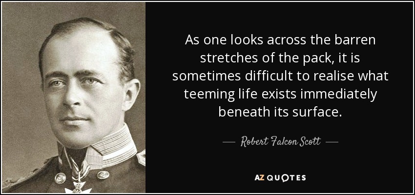 As one looks across the barren stretches of the pack, it is sometimes difficult to realise what teeming life exists immediately beneath its surface. - Robert Falcon Scott