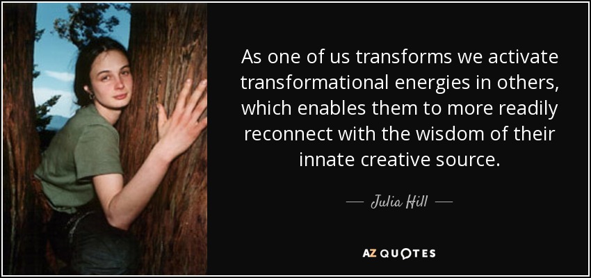 As one of us transforms we activate transformational energies in others, which enables them to more readily reconnect with the wisdom of their innate creative source. - Julia Hill