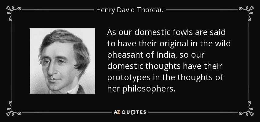 As our domestic fowls are said to have their original in the wild pheasant of India, so our domestic thoughts have their prototypes in the thoughts of her philosophers. - Henry David Thoreau