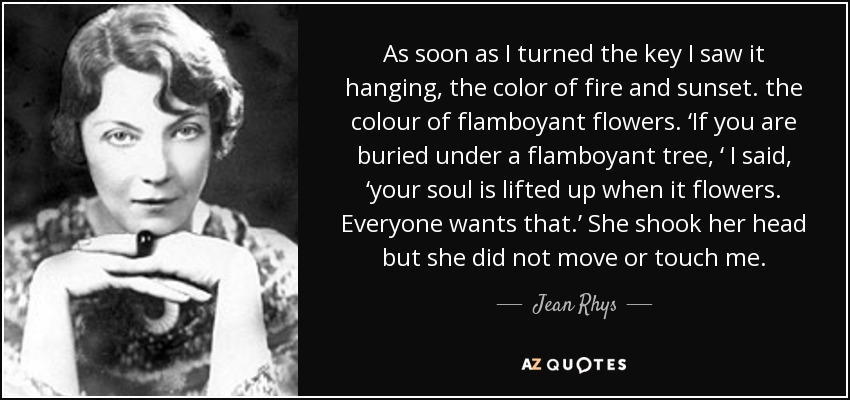 As soon as I turned the key I saw it hanging, the color of fire and sunset. the colour of flamboyant flowers. ‘If you are buried under a flamboyant tree, ‘ I said, ‘your soul is lifted up when it flowers. Everyone wants that.’ She shook her head but she did not move or touch me. - Jean Rhys