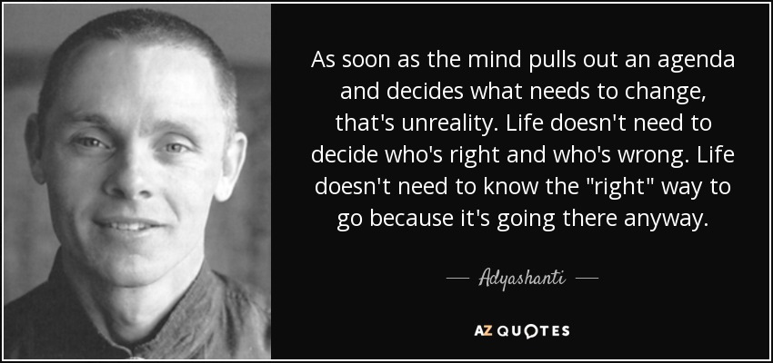 As soon as the mind pulls out an agenda and decides what needs to change, that's unreality. Life doesn't need to decide who's right and who's wrong. Life doesn't need to know the 