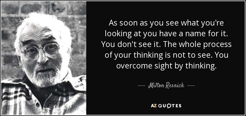 As soon as you see what you're looking at you have a name for it. You don't see it. The whole process of your thinking is not to see. You overcome sight by thinking. - Milton Resnick