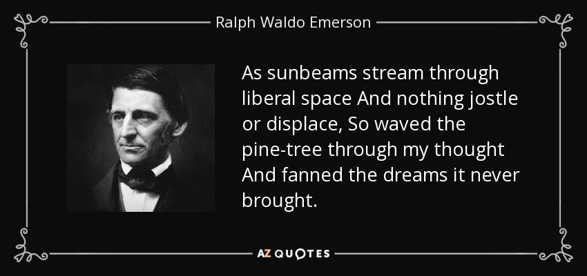 As sunbeams stream through liberal space And nothing jostle or displace, So waved the pine-tree through my thought And fanned the dreams it never brought. - Ralph Waldo Emerson