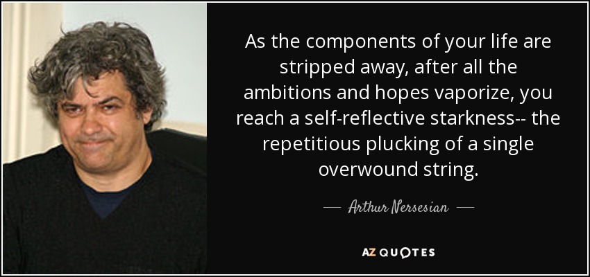 As the components of your life are stripped away, after all the ambitions and hopes vaporize, you reach a self-reflective starkness-- the repetitious plucking of a single overwound string. - Arthur Nersesian