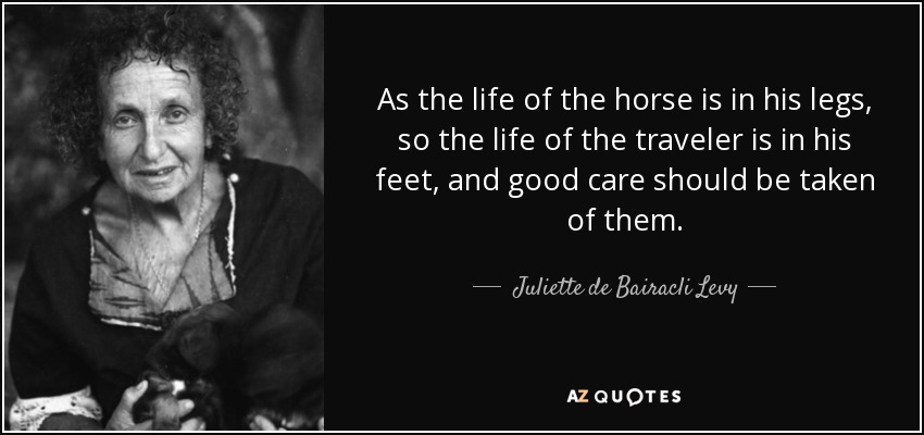 As the life of the horse is in his legs, so the life of the traveler is in his feet, and good care should be taken of them. - Juliette de Bairacli Levy