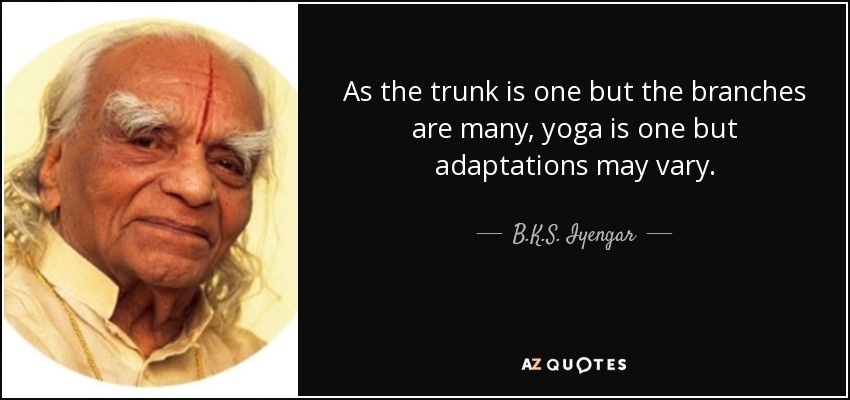 As the trunk is one but the branches are many, yoga is one but adaptations may vary. - B.K.S. Iyengar