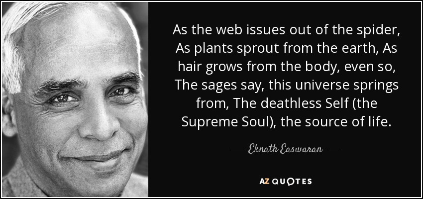 As the web issues out of the spider, As plants sprout from the earth, As hair grows from the body, even so, The sages say, this universe springs from, The deathless Self (the Supreme Soul), the source of life. - Eknath Easwaran