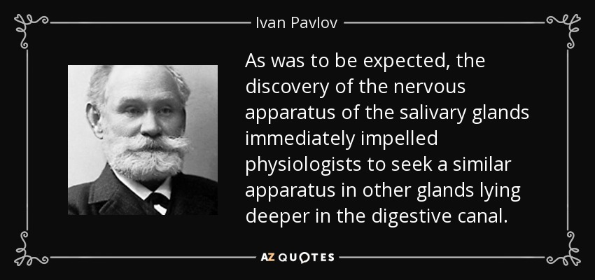 As was to be expected, the discovery of the nervous apparatus of the salivary glands immediately impelled physiologists to seek a similar apparatus in other glands lying deeper in the digestive canal. - Ivan Pavlov