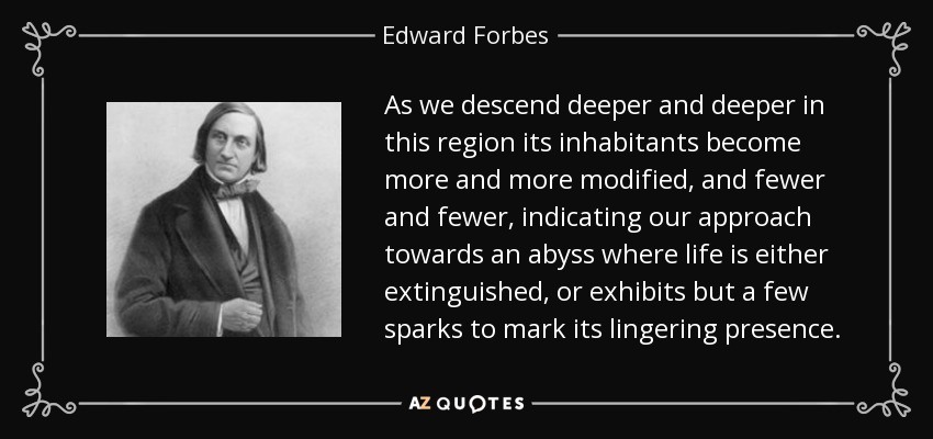 As we descend deeper and deeper in this region its inhabitants become more and more modified, and fewer and fewer, indicating our approach towards an abyss where life is either extinguished , or exhibits but a few sparks to mark its lingering presence. - Edward Forbes