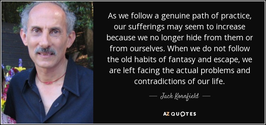 As we follow a genuine path of practice, our sufferings may seem to increase because we no longer hide from them or from ourselves. When we do not follow the old habits of fantasy and escape, we are left facing the actual problems and contradictions of our life. - Jack Kornfield